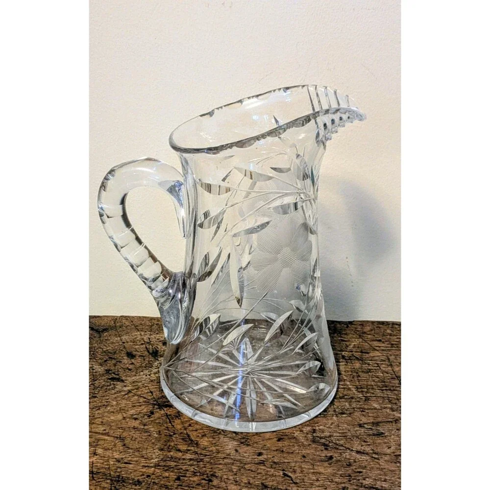 Antique Cut Glass Crystal Water Pitcher Intaglio Daisy Flower Leaf 8.5